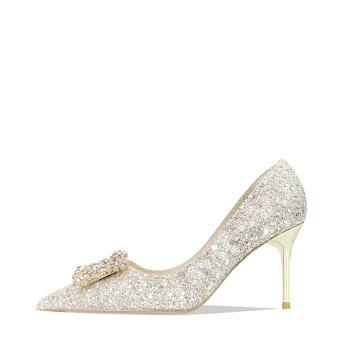 Charmant Scintillantes Doré Paillettes Faux Diamant Chaussure De Mariée 2022 Cuir 8 Cm Talons Aiguilles À Bout Pointu Mariage Escarpins Talons Hauts