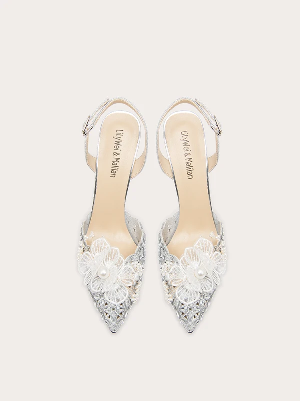 Sexy Silver Leather Rhinestone Pearl Lace Flower Wedding Shoes 2023 10 cm Stiletto Heels Pointed Toe Wedding High Heels