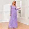 Modest / Simple Lavender Prom Dresses 2024 A-Line / Princess V-Neck Long Sleeve Backless Floor-Length / Long Prom Formal Dresses