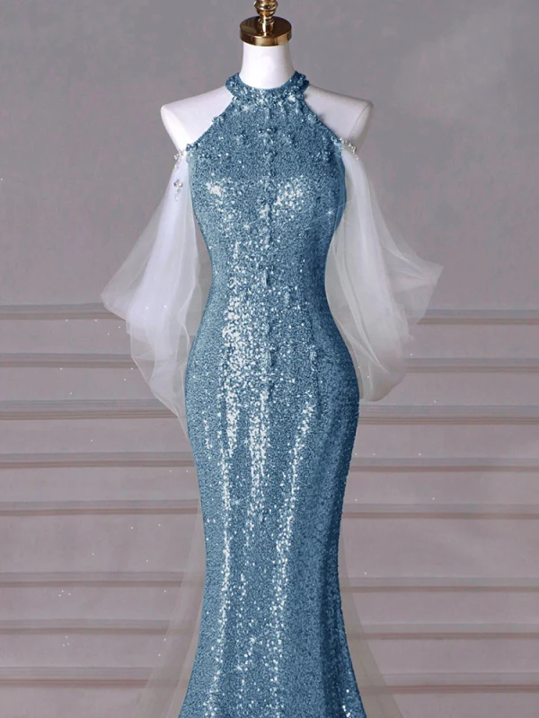 Glitzernden Blau Perlenstickerei Perle Strass Pailletten Abendkleider 2024 Meerjungfrau Stehkragen Ärmellos Sweep / Pinsel Zug Festliche Kleider