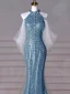 Glitzernden Blau Perlenstickerei Perle Strass Pailletten Abendkleider 2024 Meerjungfrau Stehkragen Ärmellos Sweep / Pinsel Zug Festliche Kleider