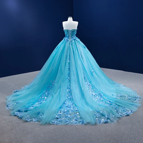Fashion Pool Blue Pearl Rhinestone Appliques Prom Dresses 2022 Ball Gown Strapless Sleeveless Floor-Length / Long Formal Dresses