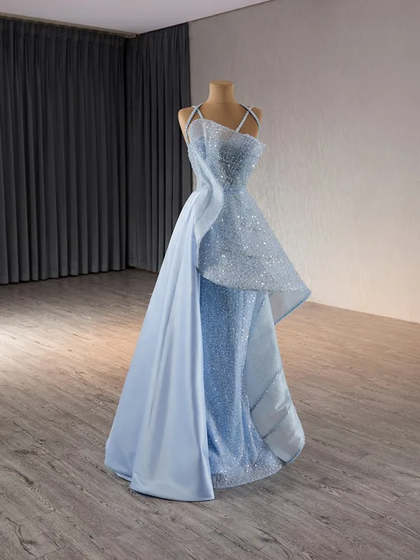 Fashion Sky Blue Beading Pearl Sequins Cascading Ruffles Prom Dresses 2024 Ball Gown Spaghetti Straps Sleeveless Backless Floor-Length / Long Prom Formal Dresses