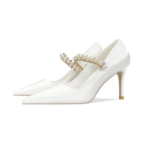 Eleganta Elfenben Rhinestone Pärla Läder Brudskor 2022 8 Cm Stilettklackar Spetsiga Bröllop Pumps Högklackade