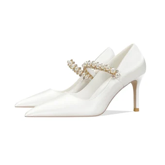 Elegante Ivoor Rhinestone Parel Leer Bruidsschoenen 2022 8 Cm Naaldhakken Stiletto Spitse Neus Huwelijk Pumps Hoge Hakken