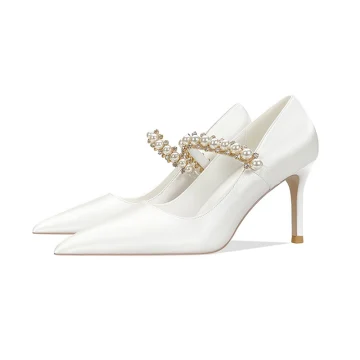 Eleganta Elfenben Rhinestone Pärla Läder Brudskor 2022 8 Cm Stilettklackar Spetsiga Bröllop Pumps Högklackade