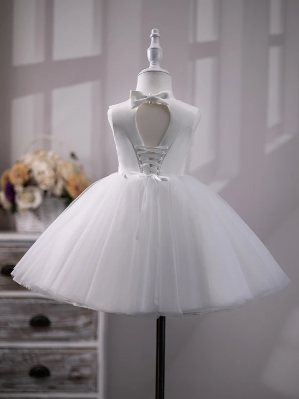 Modest / Simple White Short Birthday Flower Girl Dresses 2024 Ball Gown Scoop Neck Sleeveless Backless Bow