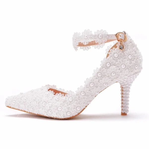 Elegant White Pearl Lace Flower Wedding Shoes 2023 Ankle Strap 8 cm Stiletto Heels Pointed Toe Wedding High Heels