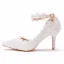 Elegante Witte Parel Kant Bloem Enkelband Bruidsschoenen 2025 8 cm Naaldhakken / Stiletto Spitse Neus Huwelijk Pumps Hoge Hakken