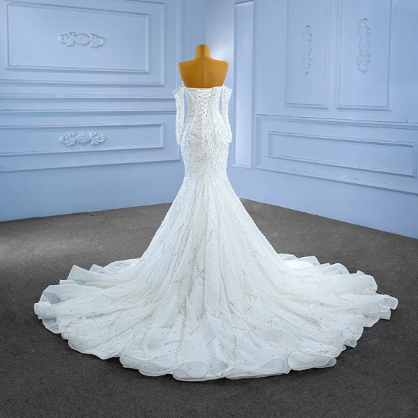 Sexy High Low White Beading Pearl Sequins Wedding Dresses 2023 Trumpet / Mermaid Off-The-Shoulder Long Sleeve Backless Chapel Train Wedding