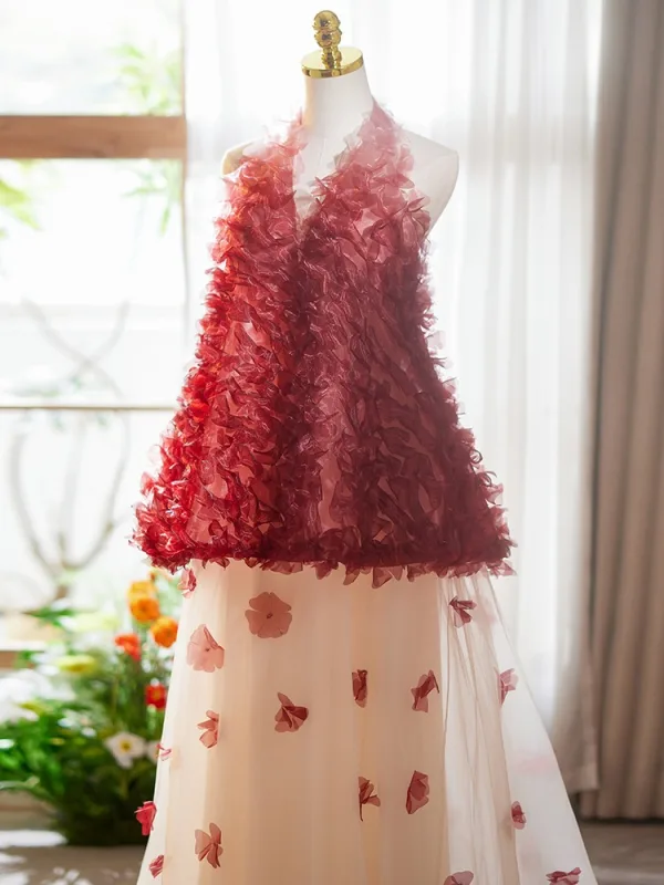 Chic / Belle Bordeaux Appliques Robe De Bal 2025 Princesse Col Haut Sans Manches Dos Nu Train De Balayage Tulle Robe De Ceremonie