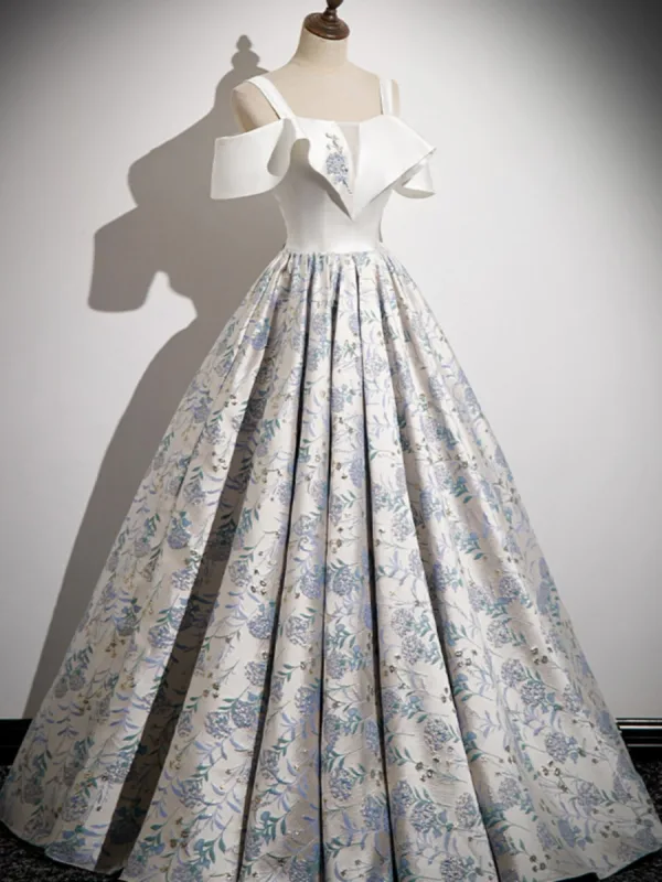 Elegant Ivory Printing Prom Dresses 2023 A-Line / Princess Spaghetti Straps Short Sleeve Backless Floor-Length / Long Prom Formal Dresses