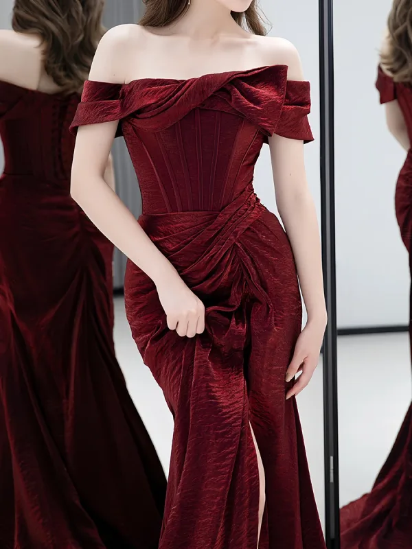 Sexy Burgundy Split Front Prom Dresses 2024 Trumpet / Mermaid Off-The-Shoulder Sleeveless Backless Floor-Length / Long Prom Formal Dresses