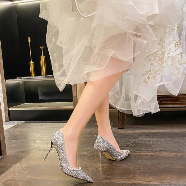 Sparkly Champagne Pearl Sequins Wedding Shoes 2022 Leather 8 cm Stiletto Heels Pointed Toe Wedding Pumps High Heels