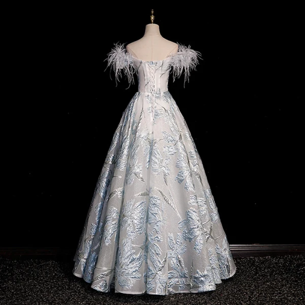 Fashion Sky Blue Printing Prom Dresses 2023 A-Line / Princess Off-The-Shoulder Tassel Short Sleeve Backless Floor-Length / Long Prom Formal Dresses
