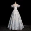 Fashion Sky Blue Printing Prom Dresses 2023 A-Line / Princess Off-The-Shoulder Tassel Short Sleeve Backless Floor-Length / Long Prom Formal Dresses