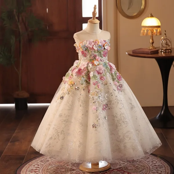 Fée Des Fleurs Beige Perle Paillettes Appliques Thé Longueur Robe Ceremonie Fille 2024 Robe Boule Encolure Dégagée Sans Manches Tulle Mariage