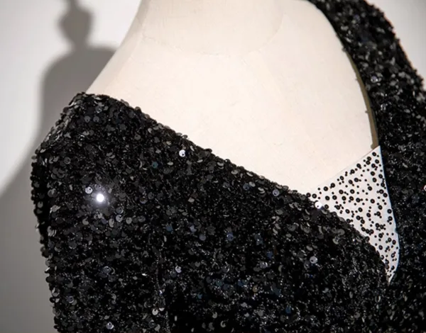 Vintage / Retro Black Beading Sequins Satin Prom Dresses 2025 Ball Gown V-Neck 3/4 Sleeve Backless Floor-Length / Long Formal Dresses