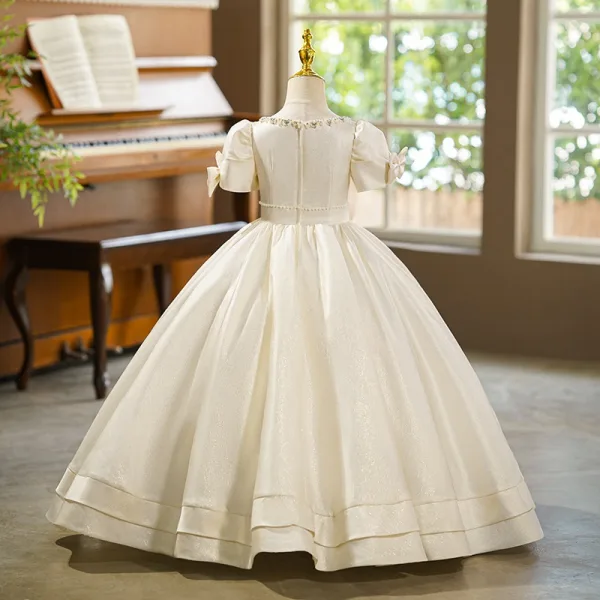 Elegant Ivory Pearl Rhinestone Birthday Flower Girl Dresses 2025 Ball Gown Scoop Neck Puffy Short Sleeve Floor-Length / Long