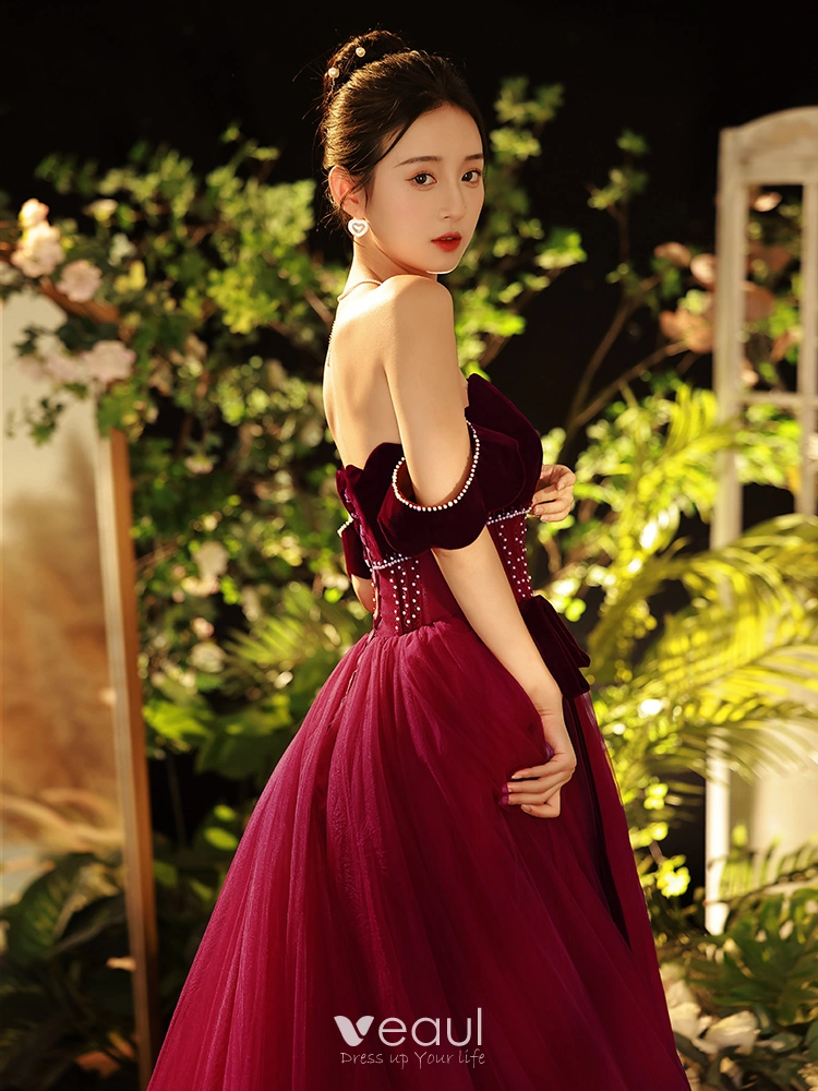 Elegant Red Evening Dresses 2020 A-Line / Princess Strapless Sleeveless  Beading Pearl Rhinestone Glitter Tulle Flower Sash Floor-Length / Long  Backless