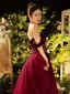 Elegante Burgunderrot Ballkleider 2022 A Linie Perle Bandeau Ärmellos Rückenfreies Schleife Lange Festliche Kleider