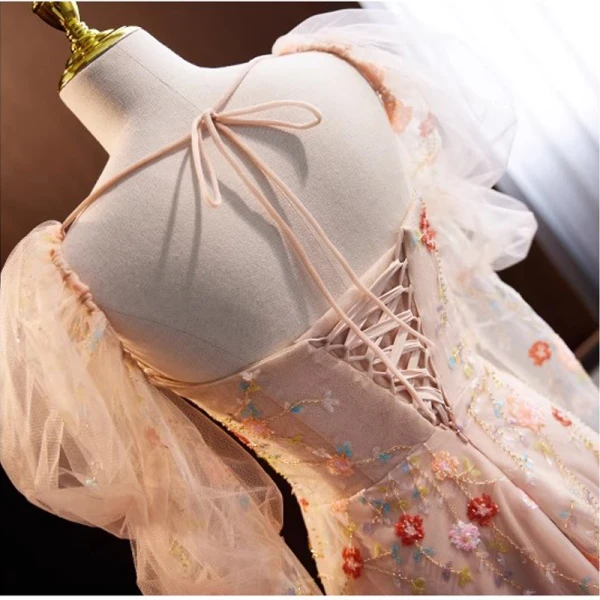 Flower Fairy Blushing Pink Sequins Prom Dresses 2023 A-Line / Princess Square Neckline Puffy Long Sleeve Backless Floor-Length / Long Prom Formal Dresses