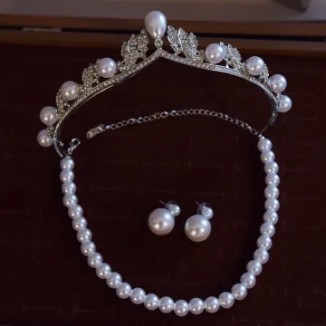 Mooie Prachtige Zilveren Parel Rhinestone Legering Huwelijk Armbanden Oorbellen Tiara Bruids Haaraccessoires 2025
