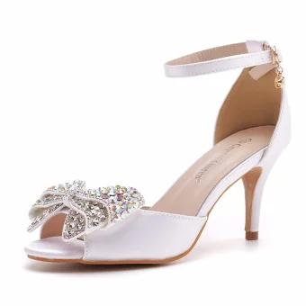 Charming White Rhinestone Bow Prom Womens Sandals 2023 Ankle Strap 7 Cm Stiletto Heels Open Peep Toe Sandals High Heels