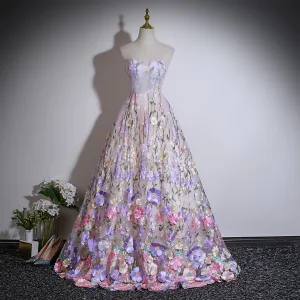Fée Des Fleurs Multi Couleurs Brodé Fleur Robe De Bal 2026 Robe Boule Bustier Sans Manches Dos Nu Longue Promo Robe De Ceremonie