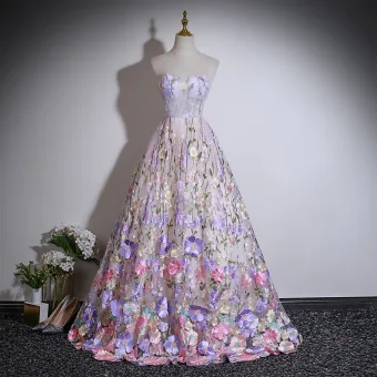 Flower Fairy Multi Colors Embroidered Flower Prom Dresses 2026 Ball Gown Strapless Sleeveless Backless Floor Length Long Prom Formal Dresses