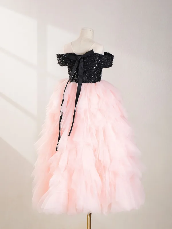 Bling Bling Rougissant Rose Perlage Paillettes Anniversaire Robe Ceremonie Fille 2024 Robe Boule De l'épaule Manches Courtes Dos Nu Noeud Longue Tulle