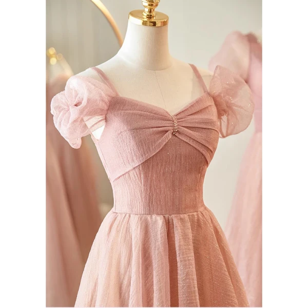 Modest Simple Blushing Pink Glitter Bridesmaid Dresses 2023 A-Line Princess Square Puffy