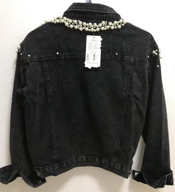 Women Beading Rhinestone Pearl Denim Sky Blue Coats & Jackets Cotton Loose Lapel Street Wear Fall Winter Long Sleeve Tops