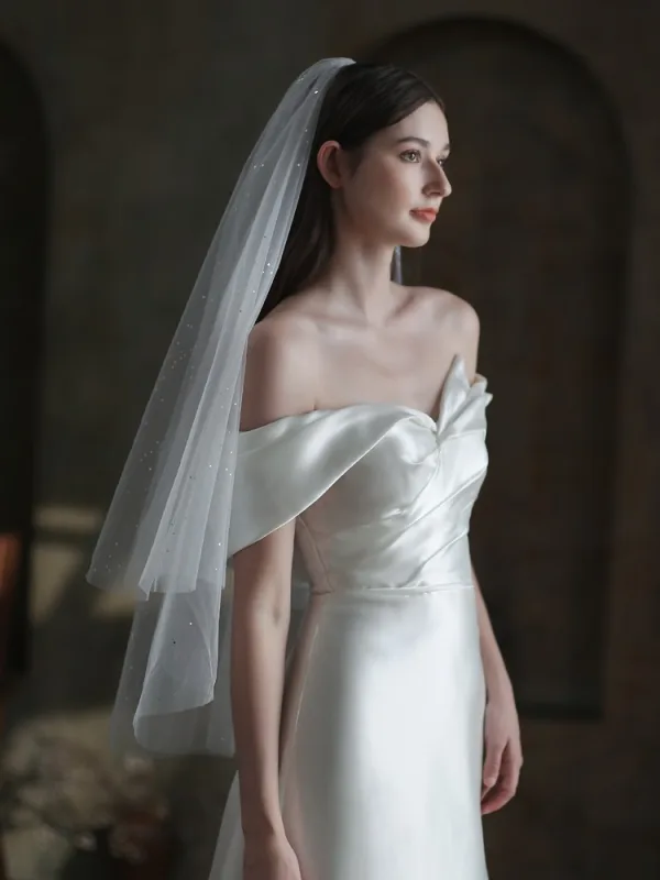 Chic / Belle Blanche Glitter Voile De Mariée 2025 1 m Tulle Mariage