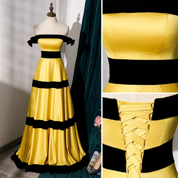 Fashion Yellow Satin Evening Dresses 2023 A-Line / Princess Strapless Sleeveless Backless Floor-Length / Long Evening Party Formal Dresses