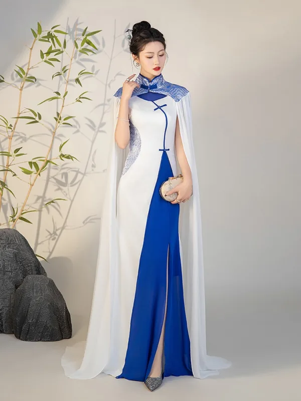 Chinese style White With Cloak Split Front Evening Party Cheongsam 2025 Trumpet / Mermaid High Neck Short Sleeve Floor-Length / Long Cheongsam / Qipao