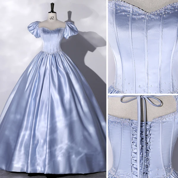 Elegant Sky Blue Pearl Satin Prom Dresses 2022 Ball Gown Square Neckline Puffy Short Sleeve Backless Bow Floor-Length / Long Formal Dresses