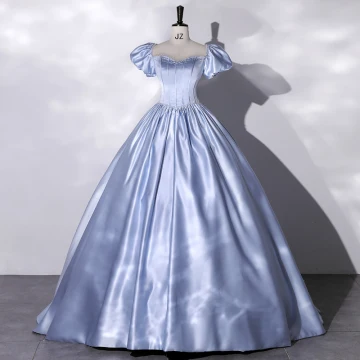 Elegant Sky Blue Pearl Satin Prom Dresses 2022 Ball Gown Square Neckline Puffy Short Sleeve Backless Bow Floor Length Long Formal Dresses