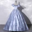 Elegant Sky Blue Pearl Satin Prom Dresses 2022 Ball Gown Square Neckline Puffy Short Sleeve Backless Bow Floor-Length / Long Formal Dresses