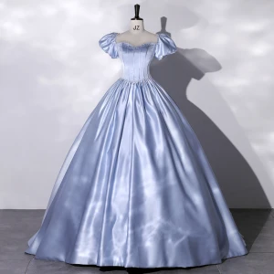 Elegante Himmelblau Perle Satin Ballkleider 2022 Ballkleid Eckiger Ausschnitt Geschwollenes Kurze Ärmel Rückenfreies Schleife Lange Festliche Kleider