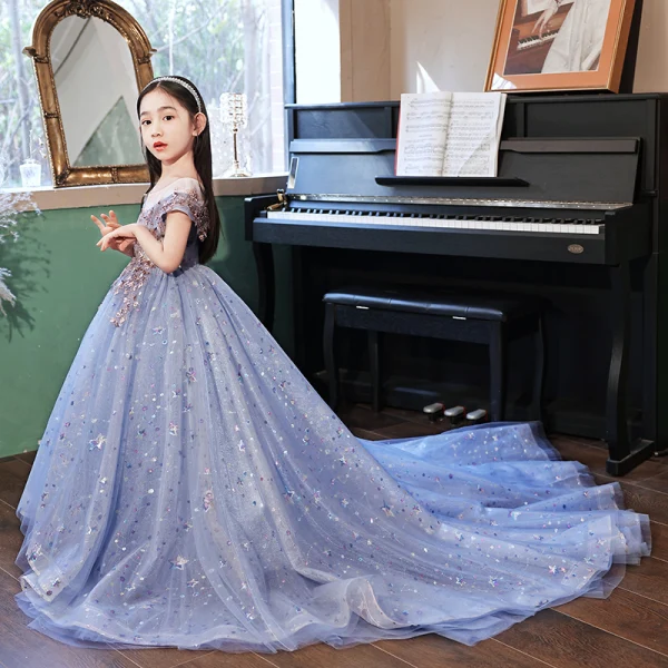 Chic / Beautiful Pool Blue Beading Sequins Lace Flower Evening Party Flower Girl Dresses 2022 Ball Gown Scoop Neck Short Sleeve Court Train Flower Girl Dresses