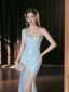 Sexy Himmelblau Pailletten Gespaltete Front Abendkleider 2024 Meerjungfrau One-Shoulder Ärmellos Rückenfreies Lange Abend Festliche Kleider