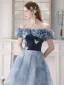 Mode Meeresblau Perle Schmetterling Geflecktes Ballkleider 2023 A Linie Rüschen Off Shoulder Kurze Ärmel Rückenfreies Lange Ball Festliche Kleider