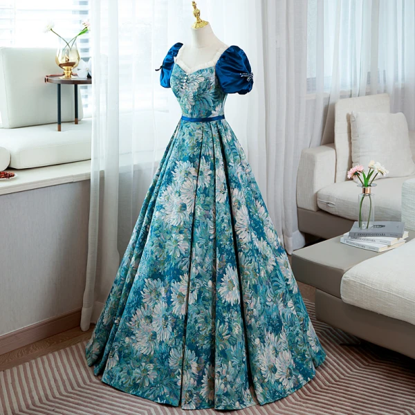 Elegant Pool Blue Printing Prom Dresses 2022 Ball Gown Square Neckline Puffy Short Sleeve Backless Bow Sash Floor-Length / Long Prom Formal Dresses