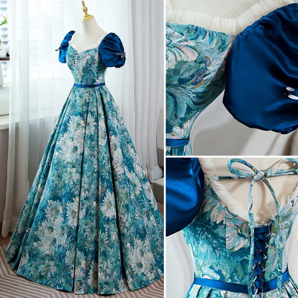 Elegant Pool Blue Printing Prom Dresses 2022 Ball Gown Square Neckline Puffy Short Sleeve Backless Bow Sash Floor-Length / Long Prom Formal Dresses