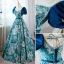 Elegant Pool Blue Printing Prom Dresses 2022 Ball Gown Square Neckline Puffy Short Sleeve Backless Bow Sash Floor-Length / Long Prom Formal Dresses