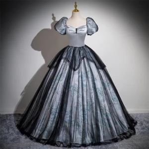 Vintage Grau Drucken Ballkleider 2024 Ballkleid Eckiger Ausschnitt Geschwollenes Kurze Ärmel Rückenfreies Lange Ball Festliche Kleider