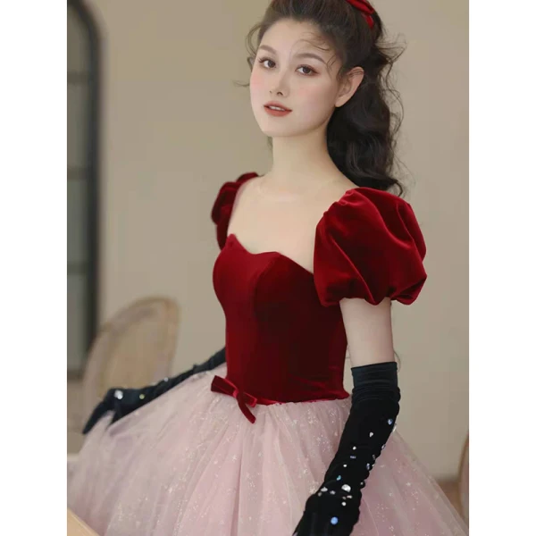 Elegant Burgundy Sequins Prom Dresses 2022 A-Line / Princess Scoop Neck Puffy Short Sleeve Backless Bow Sash Floor-Length / Long Formal Dresses