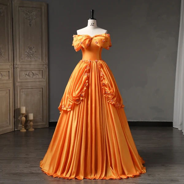 Elegant Orange Appliques Prom Dresses 2023 Ball Gown Bow Off-The-Shoulder Short Sleeve Backless Floor-Length / Long Prom Formal Dresses