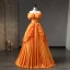 Elegant Orange Appliques Prom Dresses 2023 Ball Gown Bow Off-The-Shoulder Short Sleeve Backless Floor-Length / Long Prom Formal Dresses